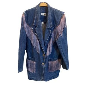 David David Vintage Women’s Rhinestone and Fringe Jean Jacket Size Medium   T17